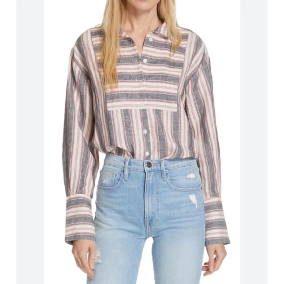 Frame Linen Striped Bib Button Down Shirt Oversized Gray Pink Cream Size XS - Picture 16 of 16